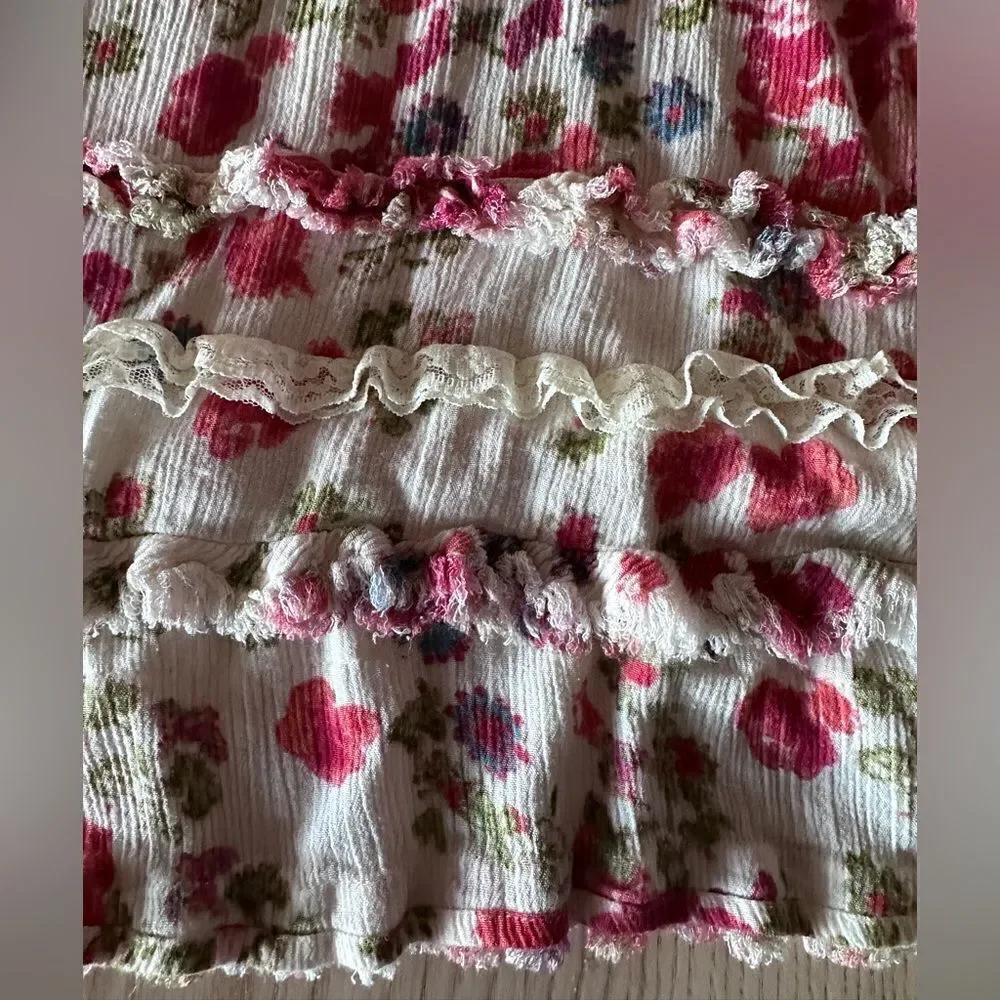 Free People Floral Ruffle Tiered racerback cream with red flowers- Size Small